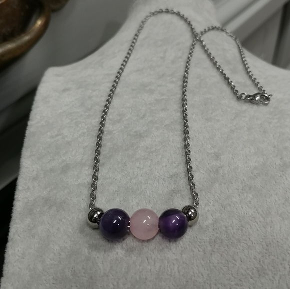 Amethyst Rose Quartz Three Bead Necklace Natural Gemstone Crystal StainlessSteel - Picture 9 of 12